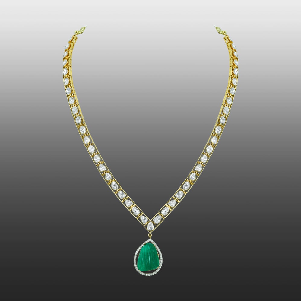 Polki Diamond Necklace with Open Setting and Emerald Teardrop Pendant